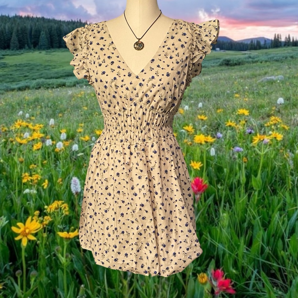 🌸BLUE FLORAL COTTAGECORE BUBBLE HEM PRAIRIE DRESS FEMININE WHIMSY TEA ROSES MED